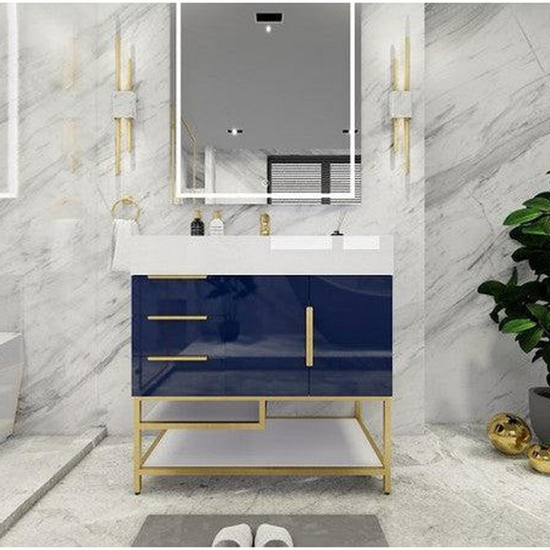 Elara 36&quot; High Gloss Night Blue Freestanding Vanity With Left Side Drawers and Single Reinforced White Acrylic Sink