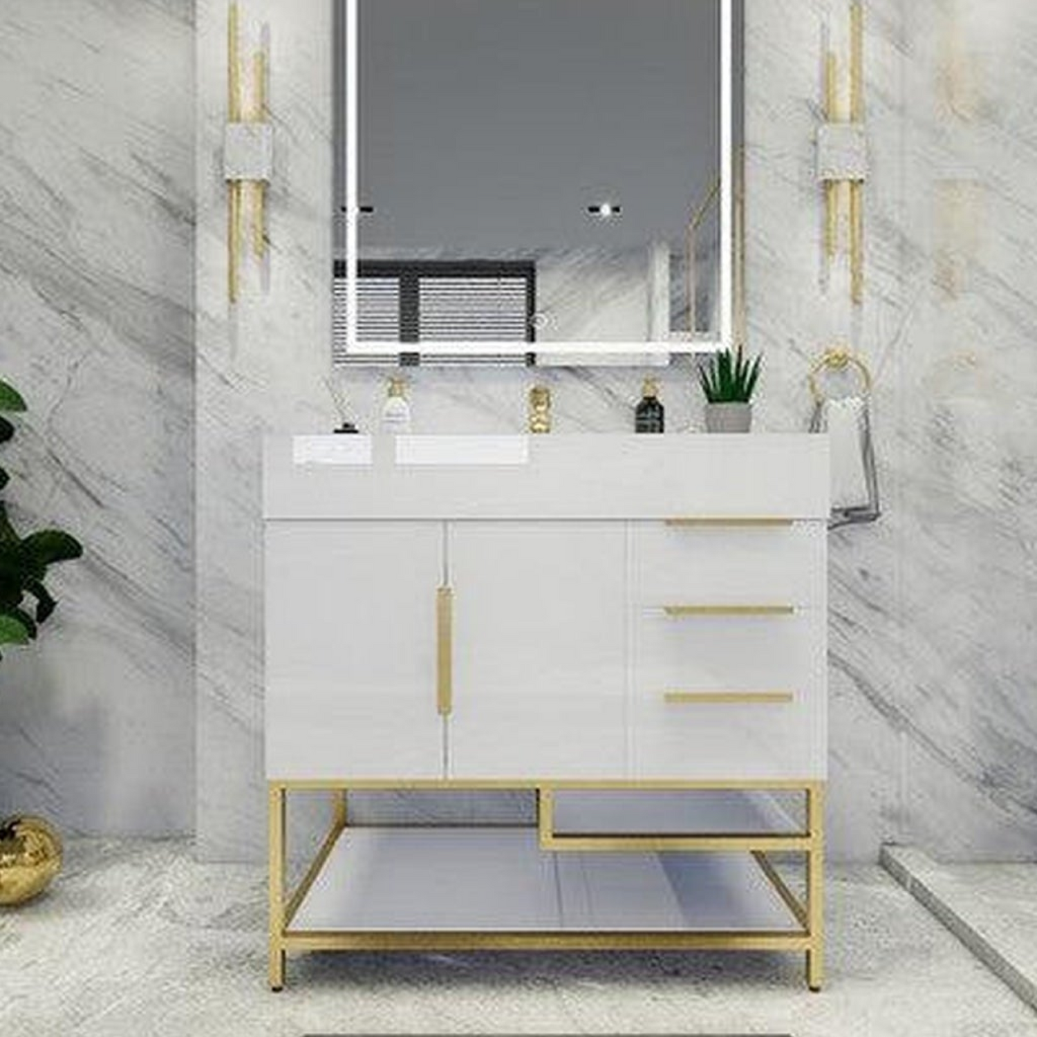 Elara 36&quot; High Gloss White Freestanding Vanity With Right Side Drawers and Single Reinforced White Acrylic Sink