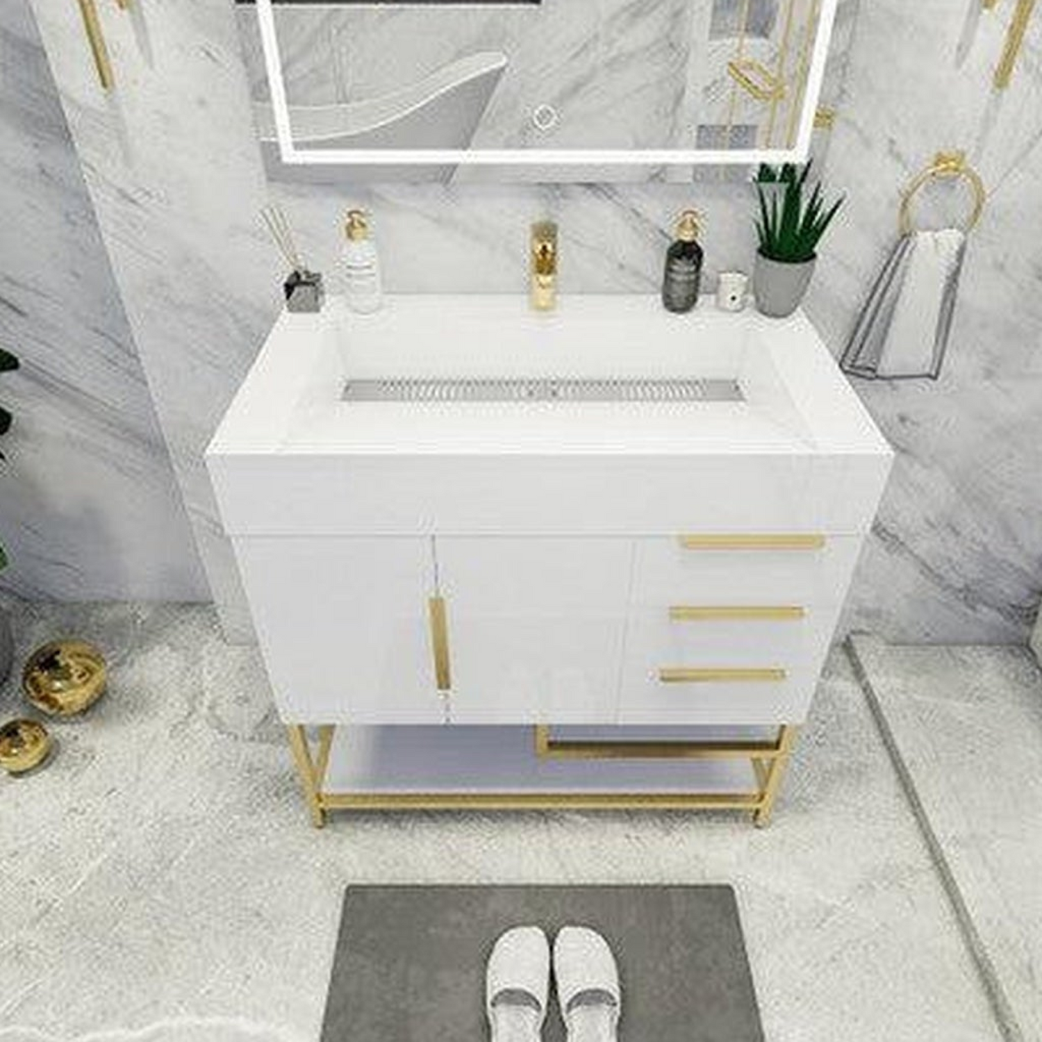 Elara 36&quot; High Gloss White Freestanding Vanity With Right Side Drawers and Single Reinforced White Acrylic Sink