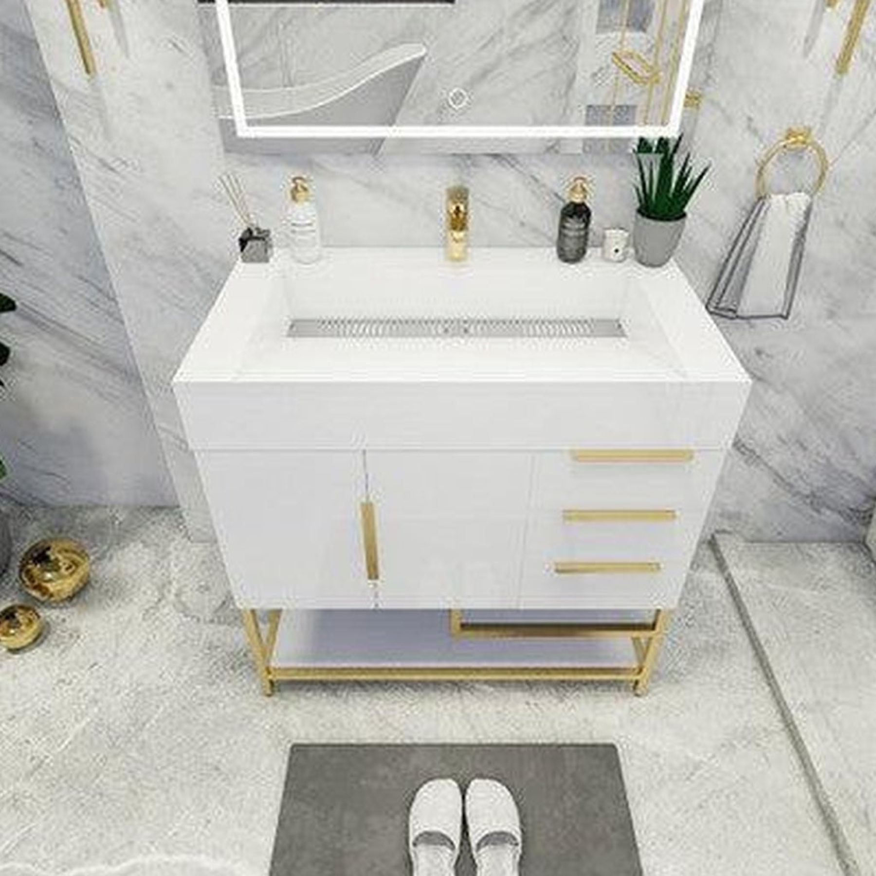 Elara 36&quot; High Gloss White Freestanding Vanity With Right Side Drawers and Single Reinforced White Acrylic Sink