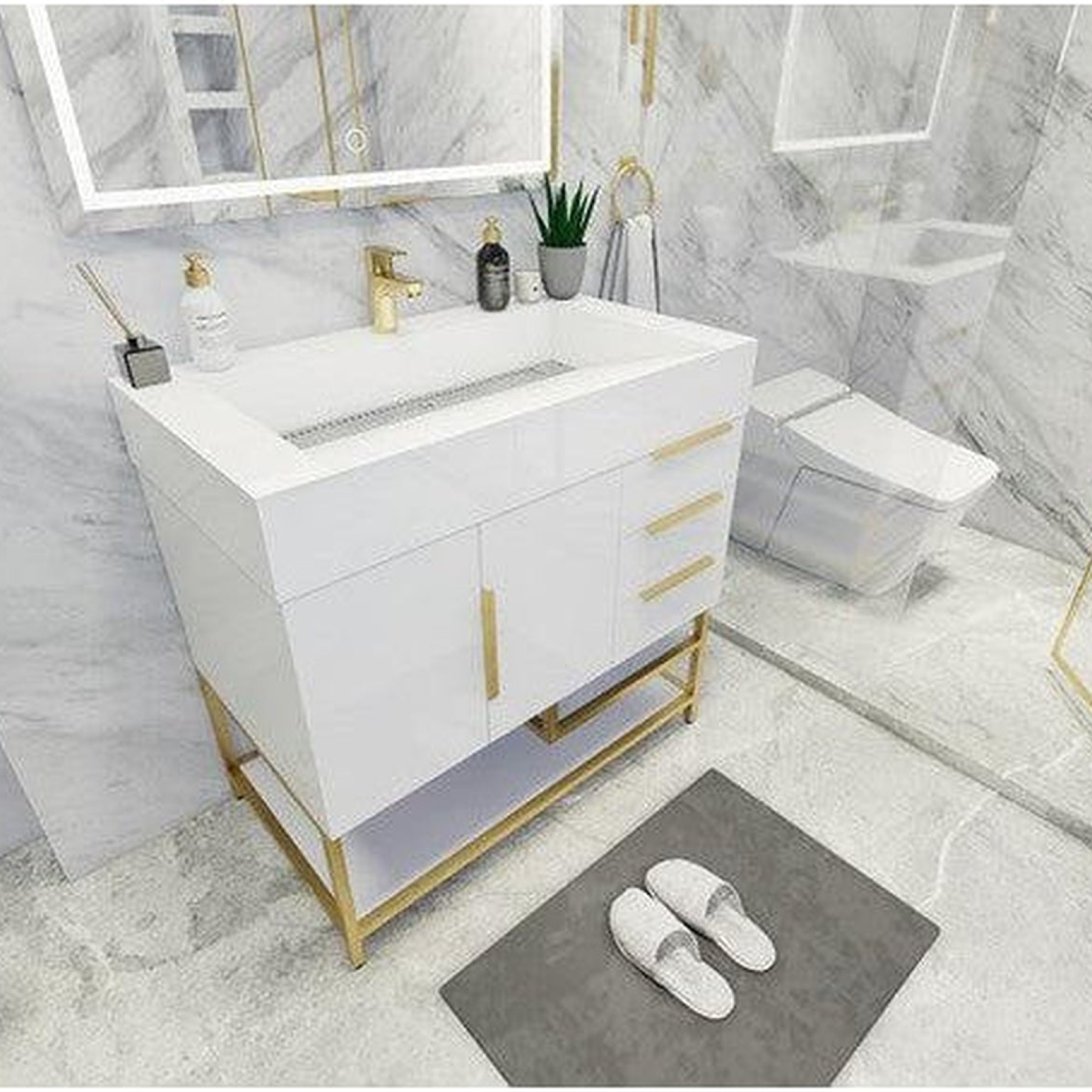 Elara 36&quot; High Gloss White Freestanding Vanity With Right Side Drawers and Single Reinforced White Acrylic Sink