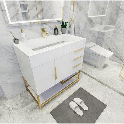 Elara 36&quot; High Gloss White Freestanding Vanity With Right Side Drawers and Single Reinforced White Acrylic Sink