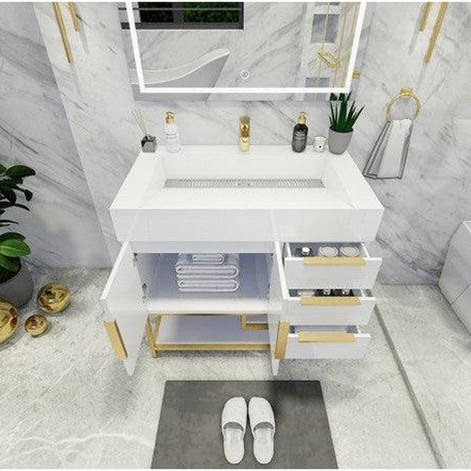 Elara 36&quot; High Gloss White Freestanding Vanity With Right Side Drawers and Single Reinforced White Acrylic Sink
