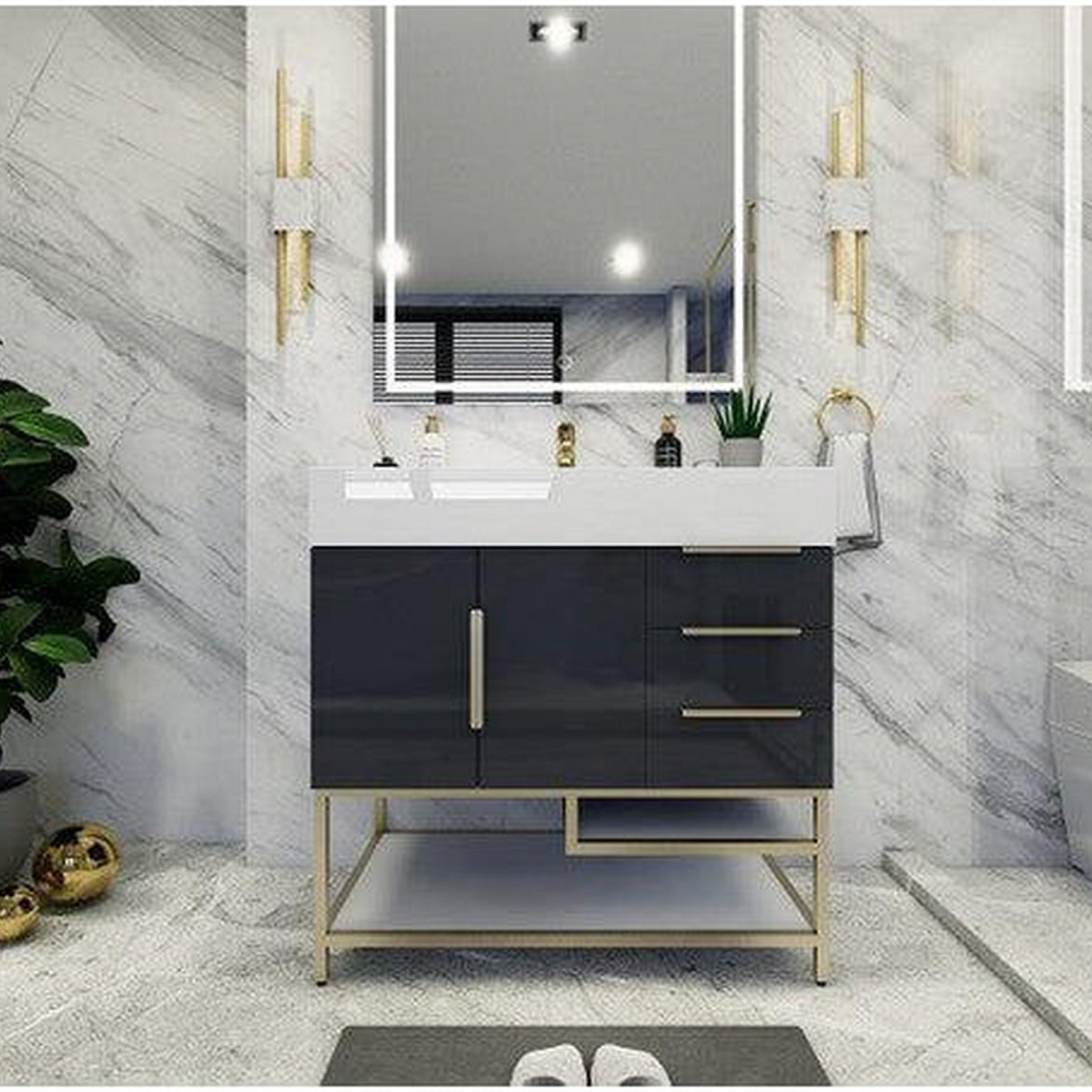 Elara 36&quot; High Gloss Gray Freestanding Vanity With Right Side Drawers and Single Reinforced White Acrylic Sink