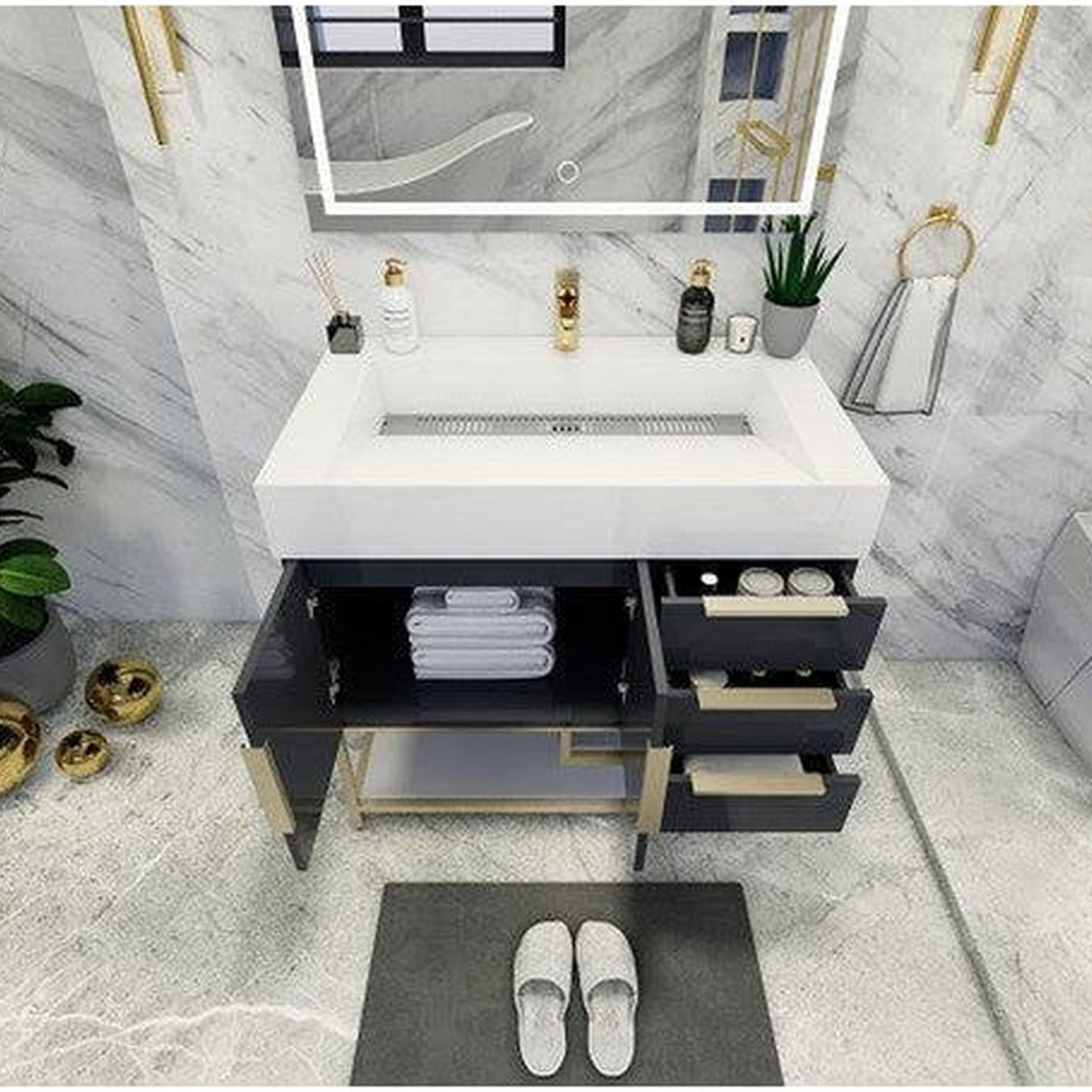 Elara 36&quot; High Gloss Gray Freestanding Vanity With Right Side Drawers and Single Reinforced White Acrylic Sink