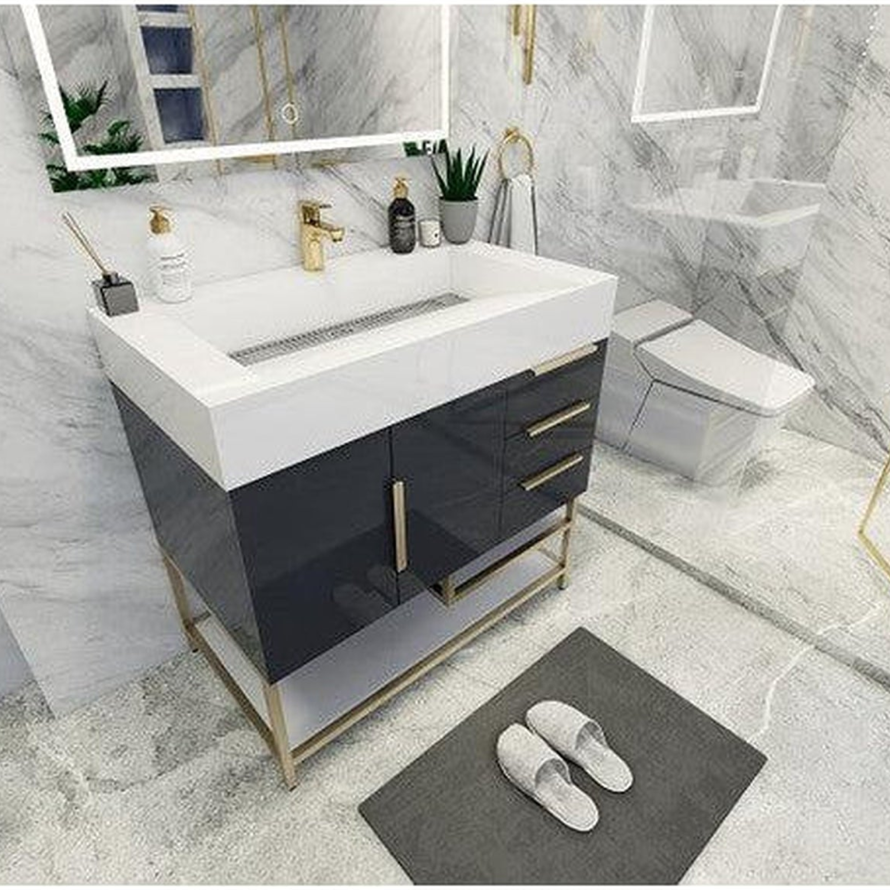 Elara 36&quot; High Gloss Gray Freestanding Vanity With Right Side Drawers and Single Reinforced White Acrylic Sink
