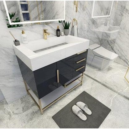 Elara 36&quot; High Gloss Gray Freestanding Vanity With Right Side Drawers and Single Reinforced White Acrylic Sink