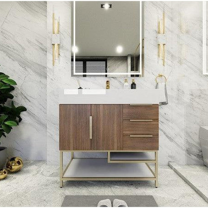 Elara 36&quot; Rosewood Freestanding Vanity With Right Side Drawers and Single Reinforced White Acrylic Sink