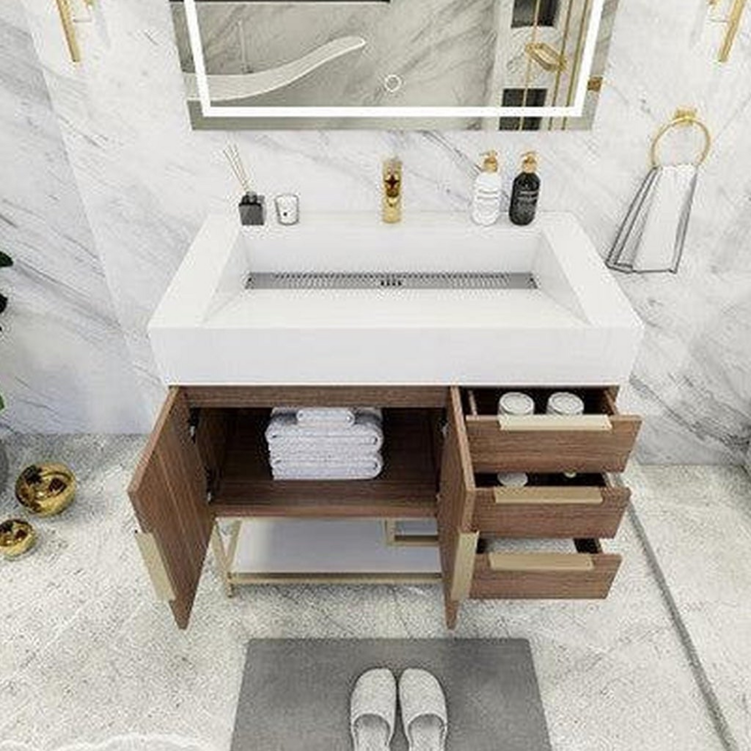 Elara 36&quot; Rosewood Freestanding Vanity With Right Side Drawers and Single Reinforced White Acrylic Sink