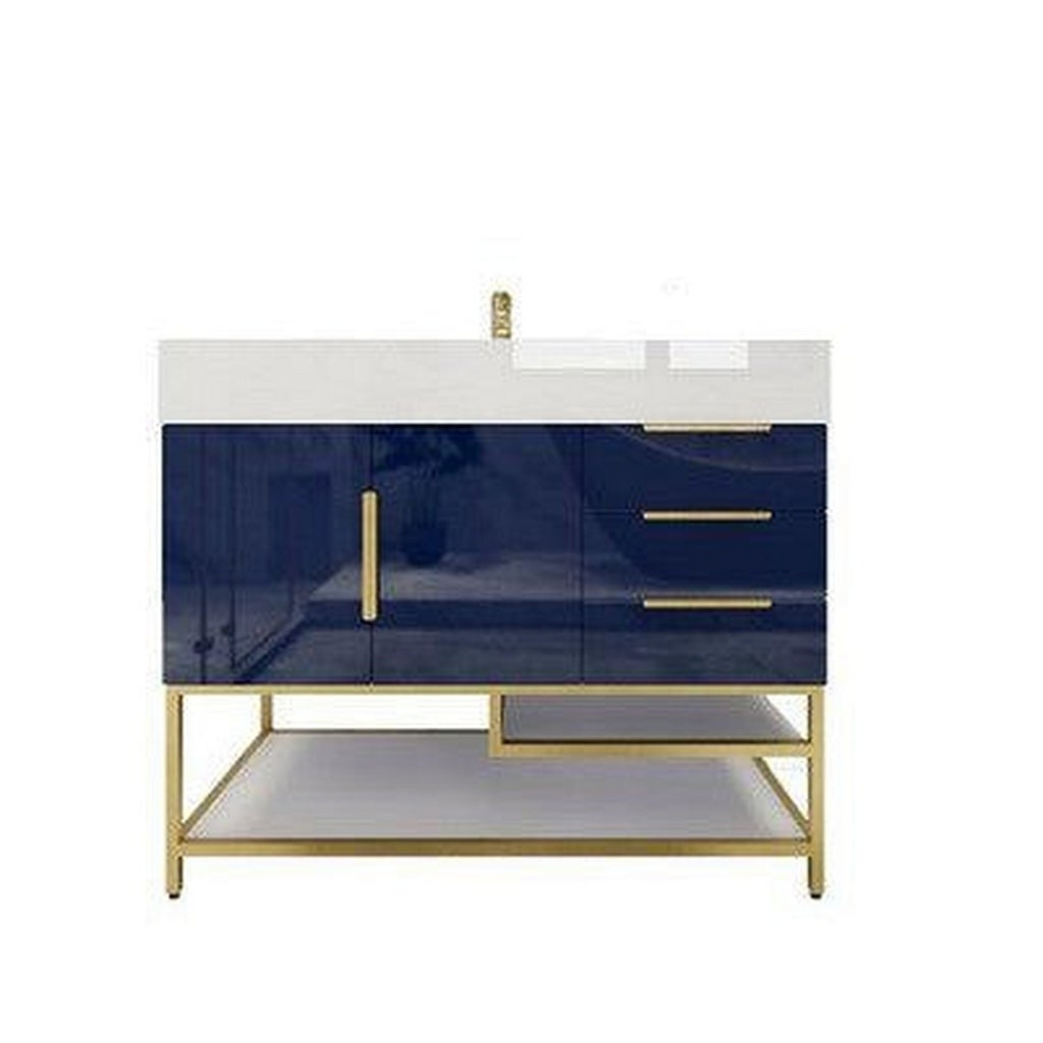 Elara 42&quot; High Gloss Night Blue Freestanding Vanity With Right Side Drawers and Single Reinforced White Acrylic Sink