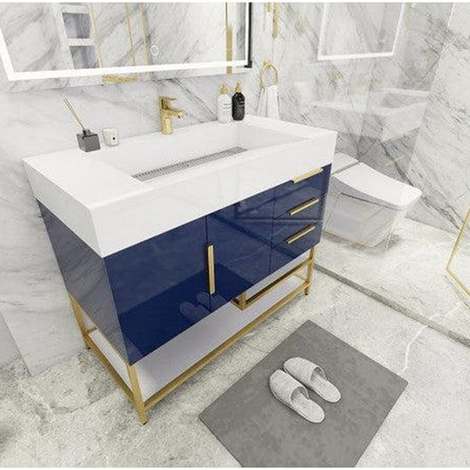 Elara 42&quot; High Gloss Night Blue Freestanding Vanity With Right Side Drawers and Single Reinforced White Acrylic Sink