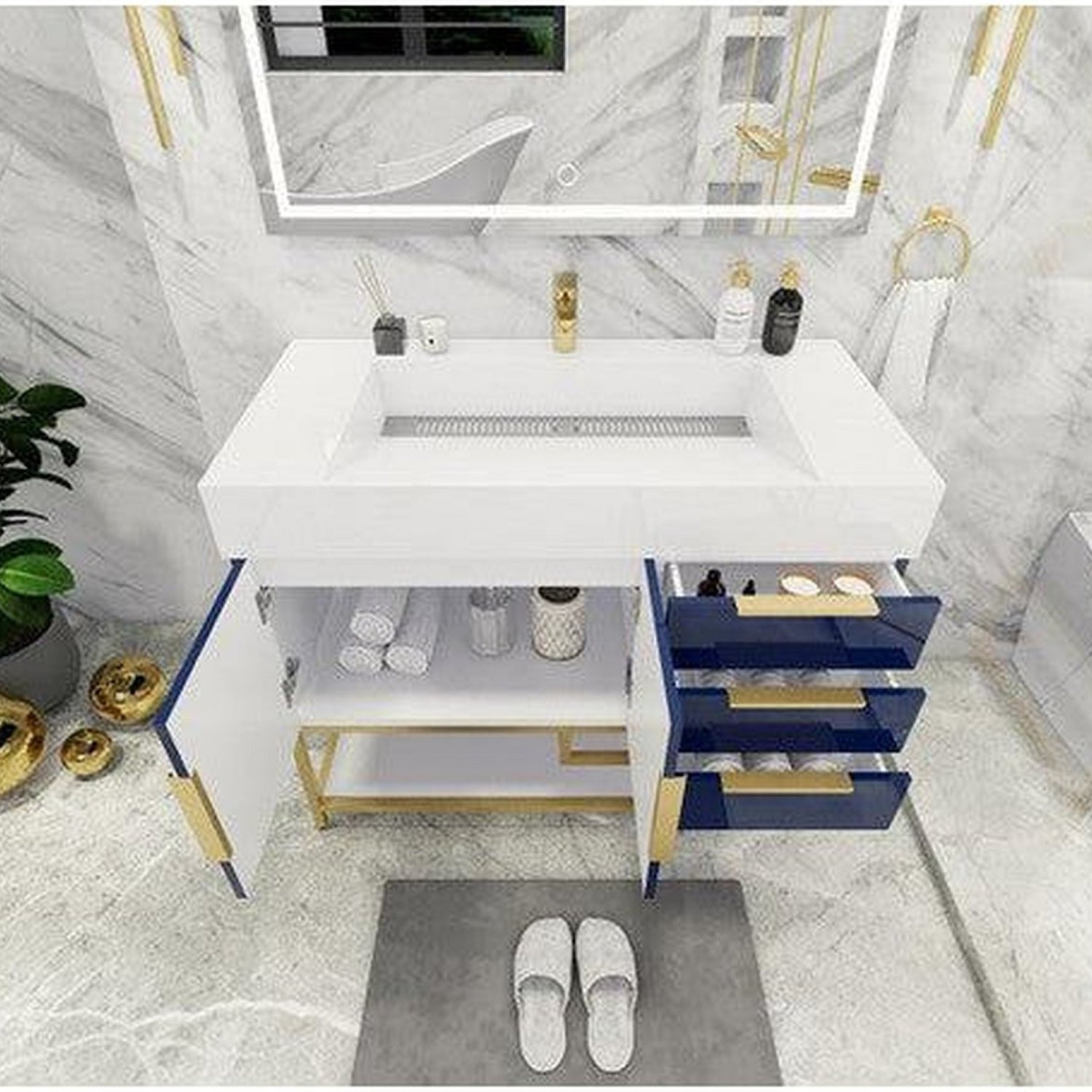 Elara 42&quot; High Gloss Night Blue Freestanding Vanity With Right Side Drawers and Single Reinforced White Acrylic Sink