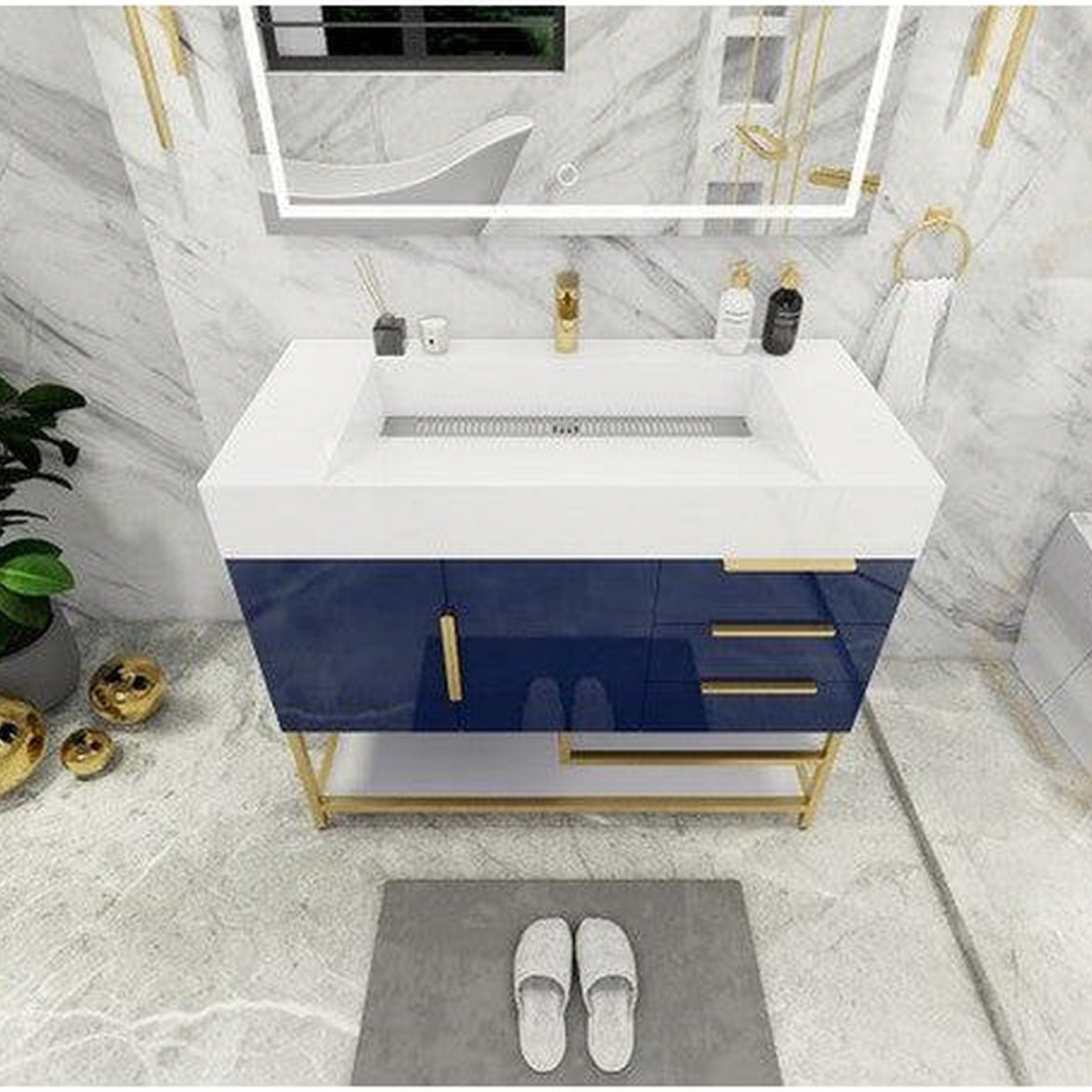 Elara 42&quot; High Gloss Night Blue Freestanding Vanity With Right Side Drawers and Single Reinforced White Acrylic Sink