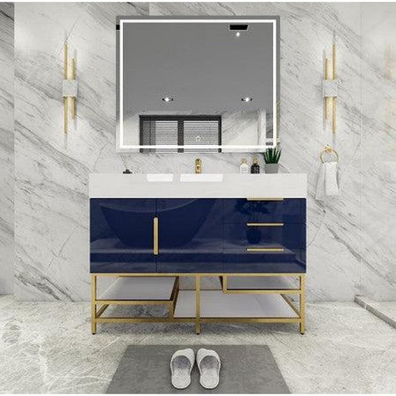 Elara 48&quot; High Gloss Night Blue Freestanding Vanity With Single Reinforced White Acrylic Sink