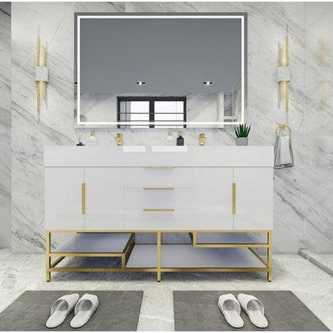 Elara 60&quot; High Gloss White Freestanding Vanity With Double Reinforced White Acrylic Sinks