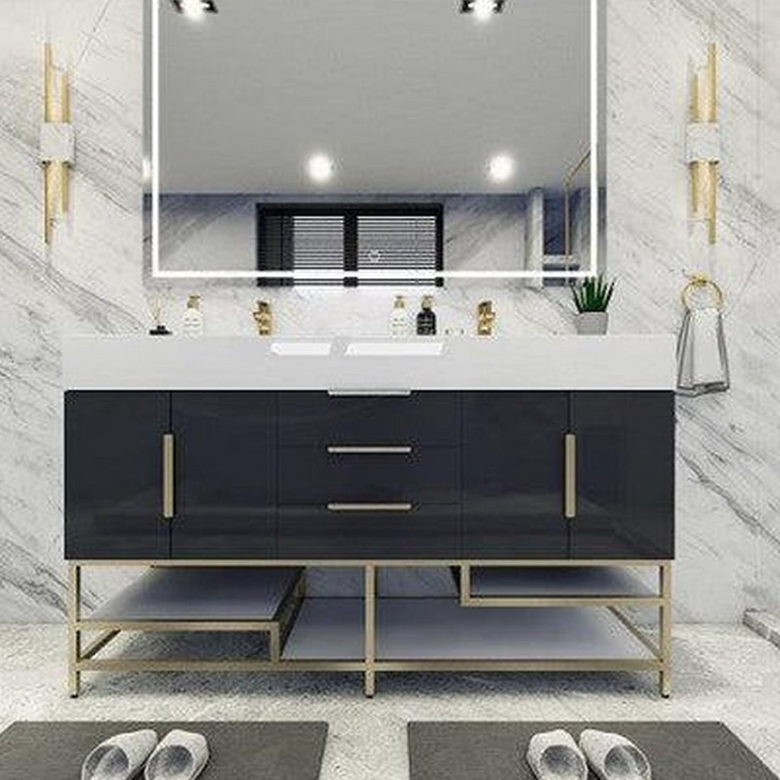 Elara 60&quot; High Gloss Gray Freestanding Vanity With Double Reinforced White Acrylic Sinks