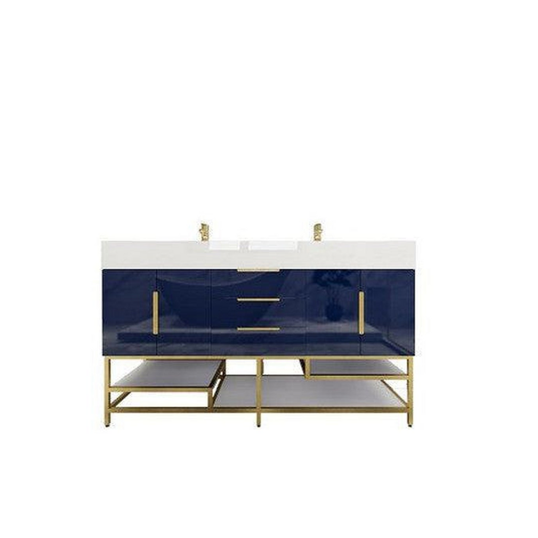 Elara 60&quot; High Gloss Night Blue Freestanding Vanity With Double Reinforced White Acrylic Sinks