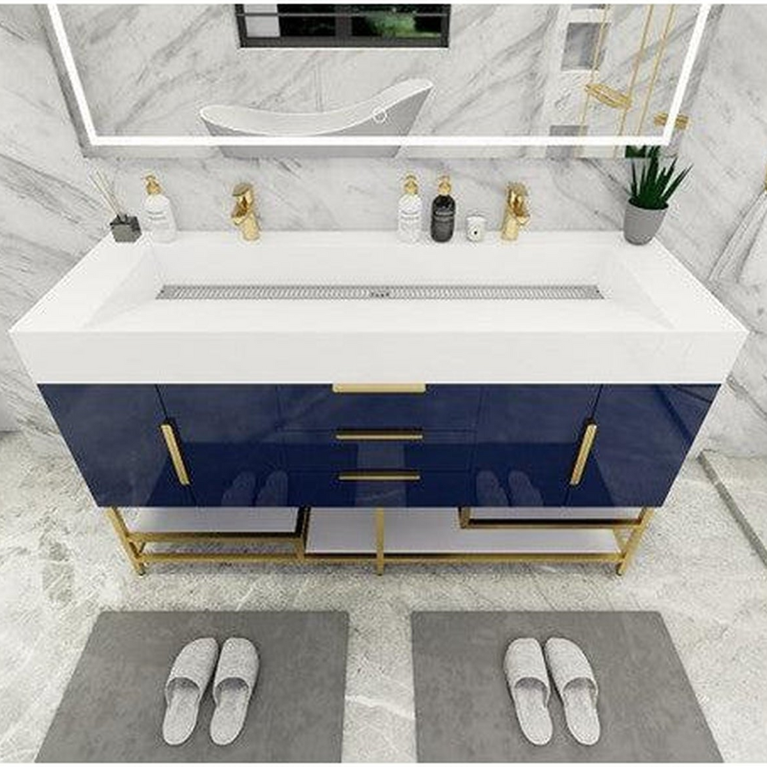 Elara 60&quot; High Gloss Night Blue Freestanding Vanity With Double Reinforced White Acrylic Sinks