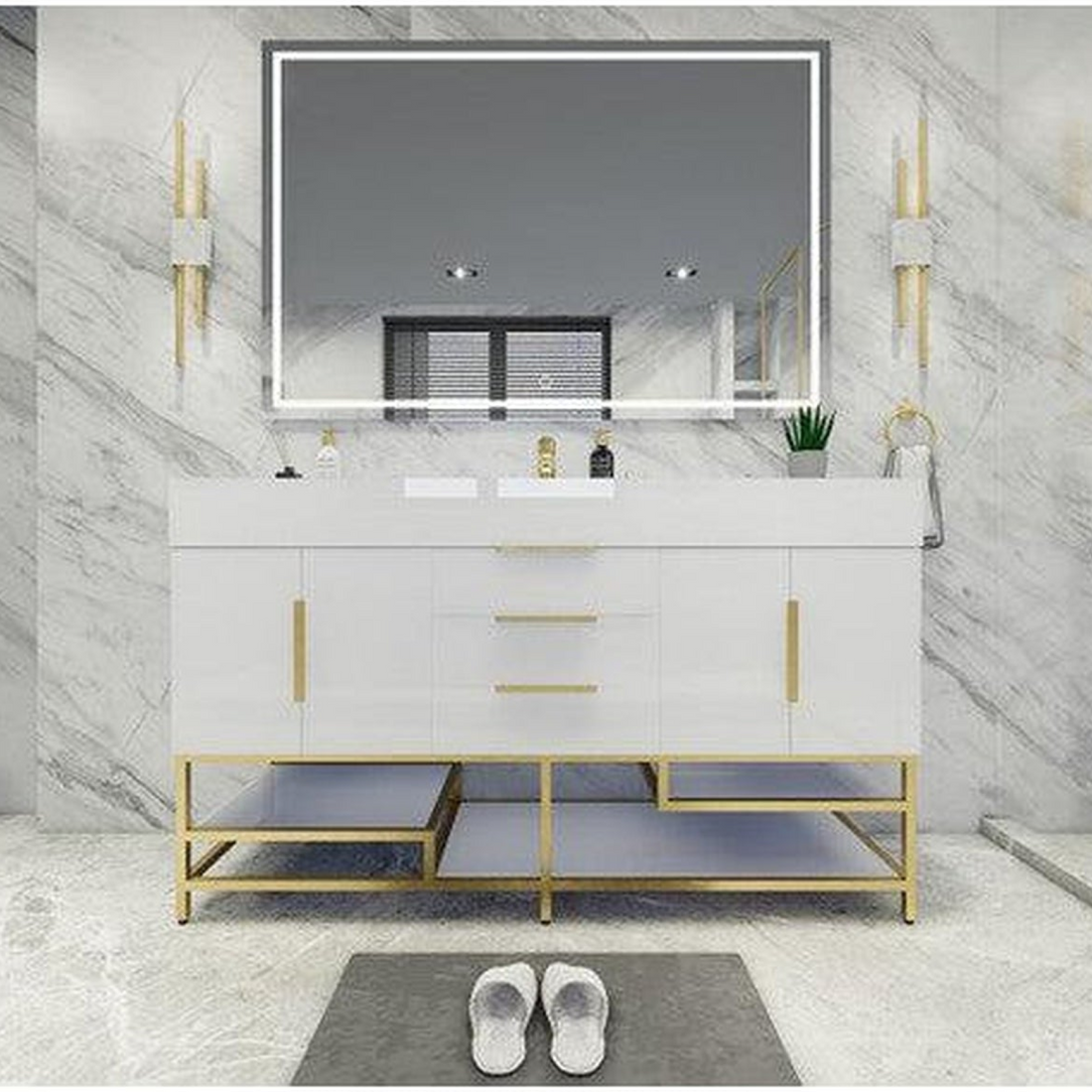 Elara 60&quot; High Gloss White Freestanding Vanity With Single Reinforced White Acrylic Sink