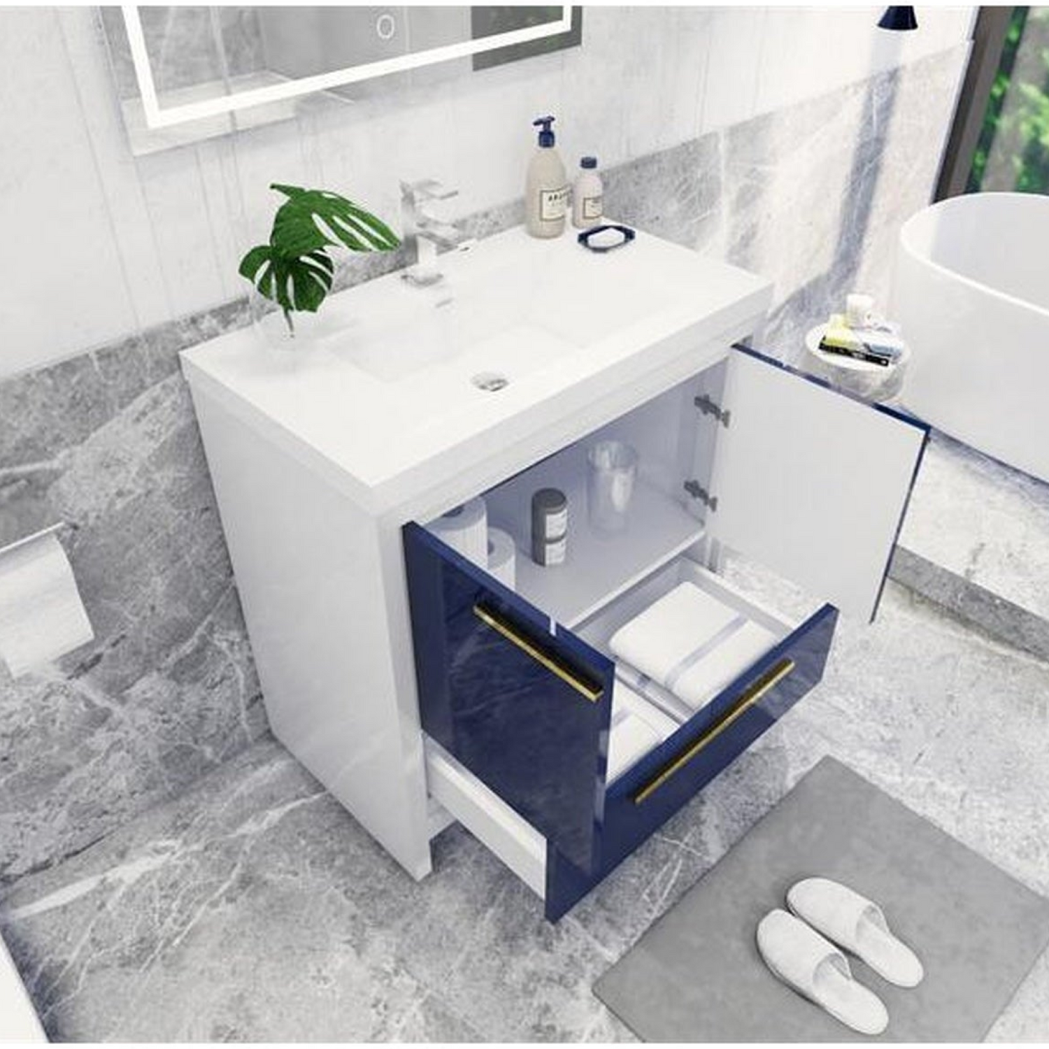 Amara 36&quot; High Gloss Night Blue Freestanding Vanity With Single Reinforced White Acrylic Sink