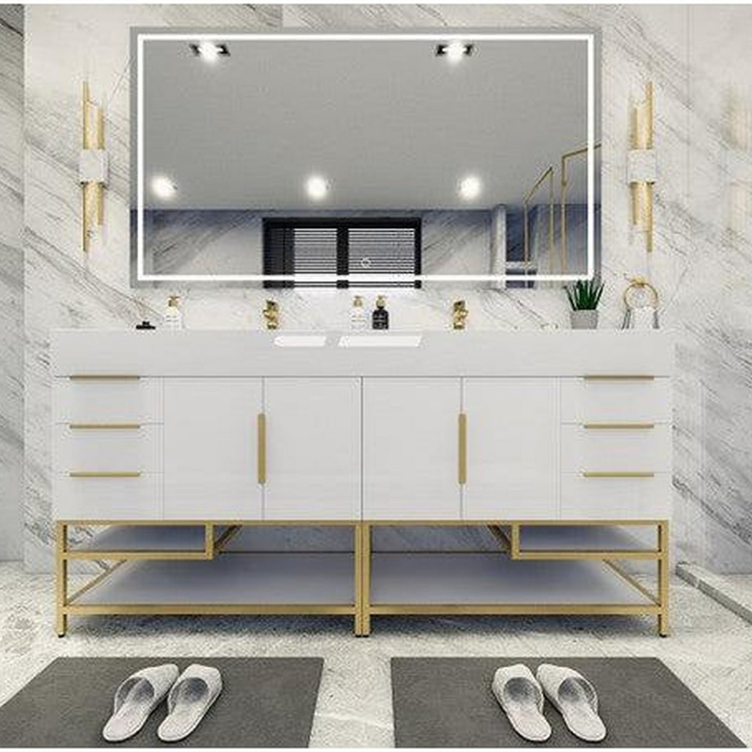Elara 72&quot; High Gloss White Freestanding Vanity With Double Reinforced White Acrylic Sinks