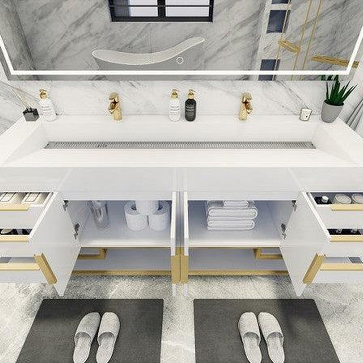 Elara 72&quot; High Gloss White Freestanding Vanity With Double Reinforced White Acrylic Sinks