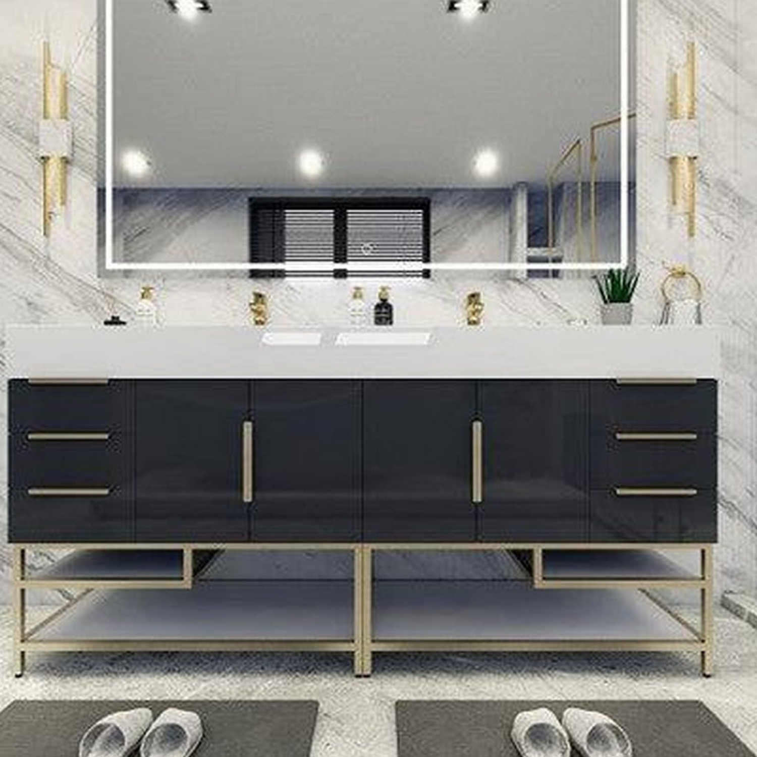 Elara 72&quot; High Gloss Gray Freestanding Vanity With Double Reinforced White Acrylic Sinks