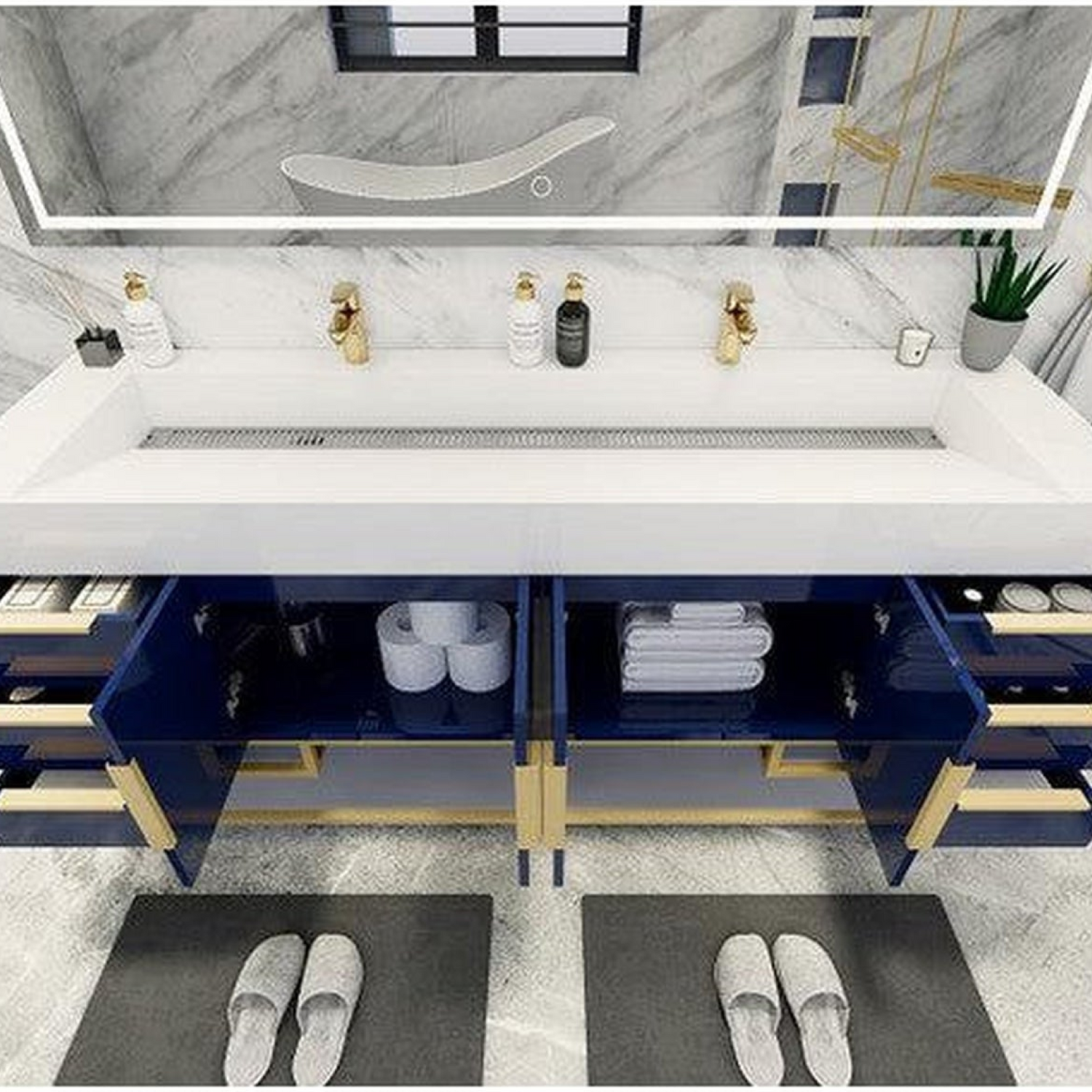 Elara 72&quot; High Gloss Night Blue Freestanding Vanity With Double Reinforced White Acrylic Sinks
