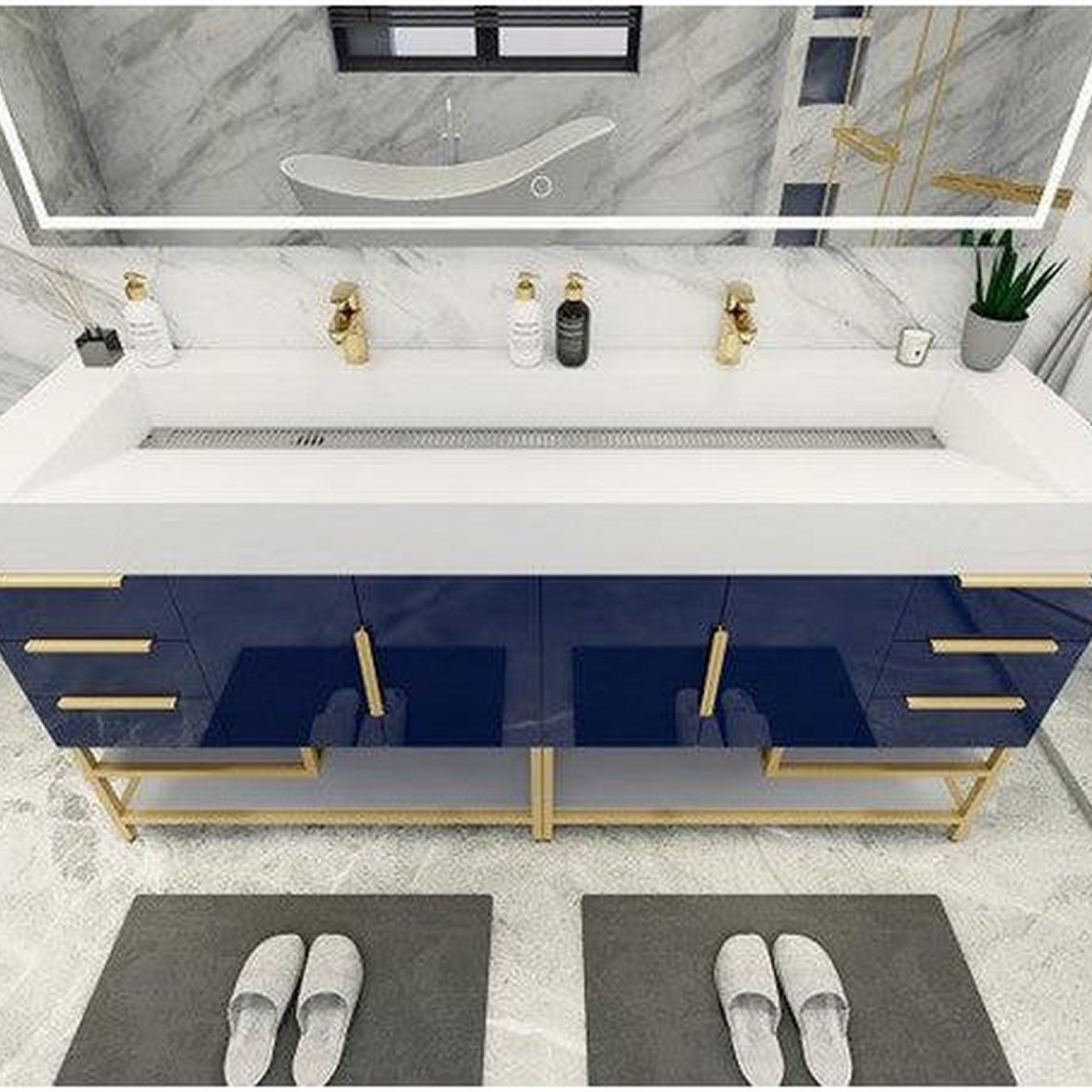 Elara 72&quot; High Gloss Night Blue Freestanding Vanity With Double Reinforced White Acrylic Sinks