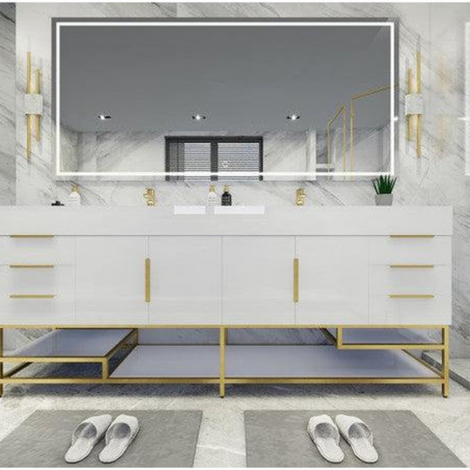 Elara 84&quot; High Gloss White Freestanding Vanity With Double Reinforced White Acrylic Sinks