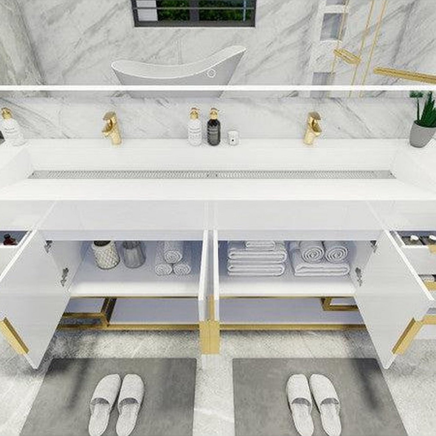 Elara 84&quot; High Gloss White Freestanding Vanity With Double Reinforced White Acrylic Sinks