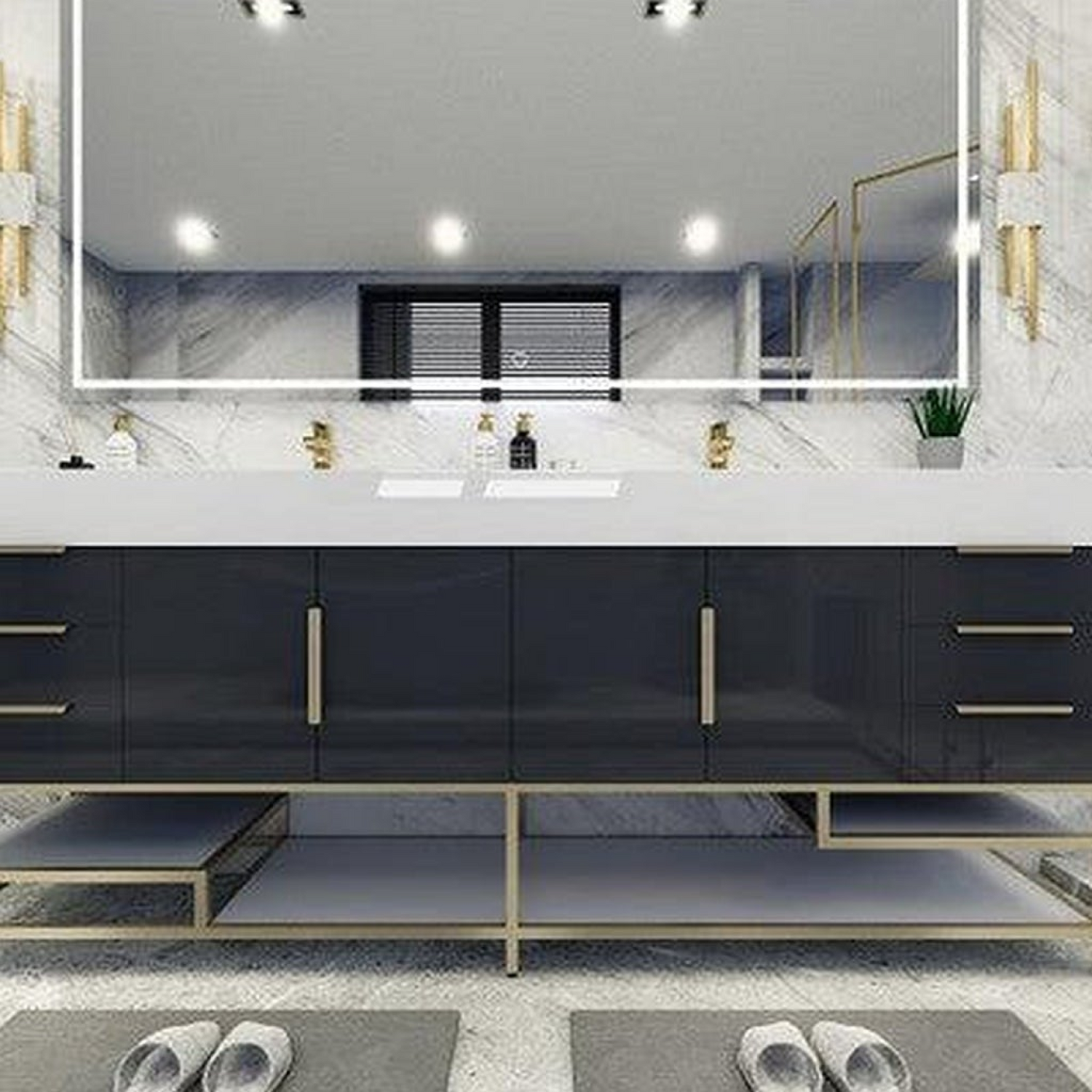 Elara 84&quot; High Gloss Gray Freestanding Vanity With Double Reinforced White Acrylic Sinks