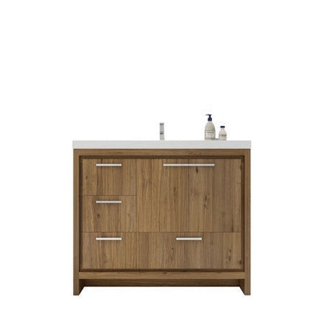 Amara 42&quot; Natural Oak Freestanding Vanity With Left Side Drawers and Single Reinforced White Acrylic Sink
