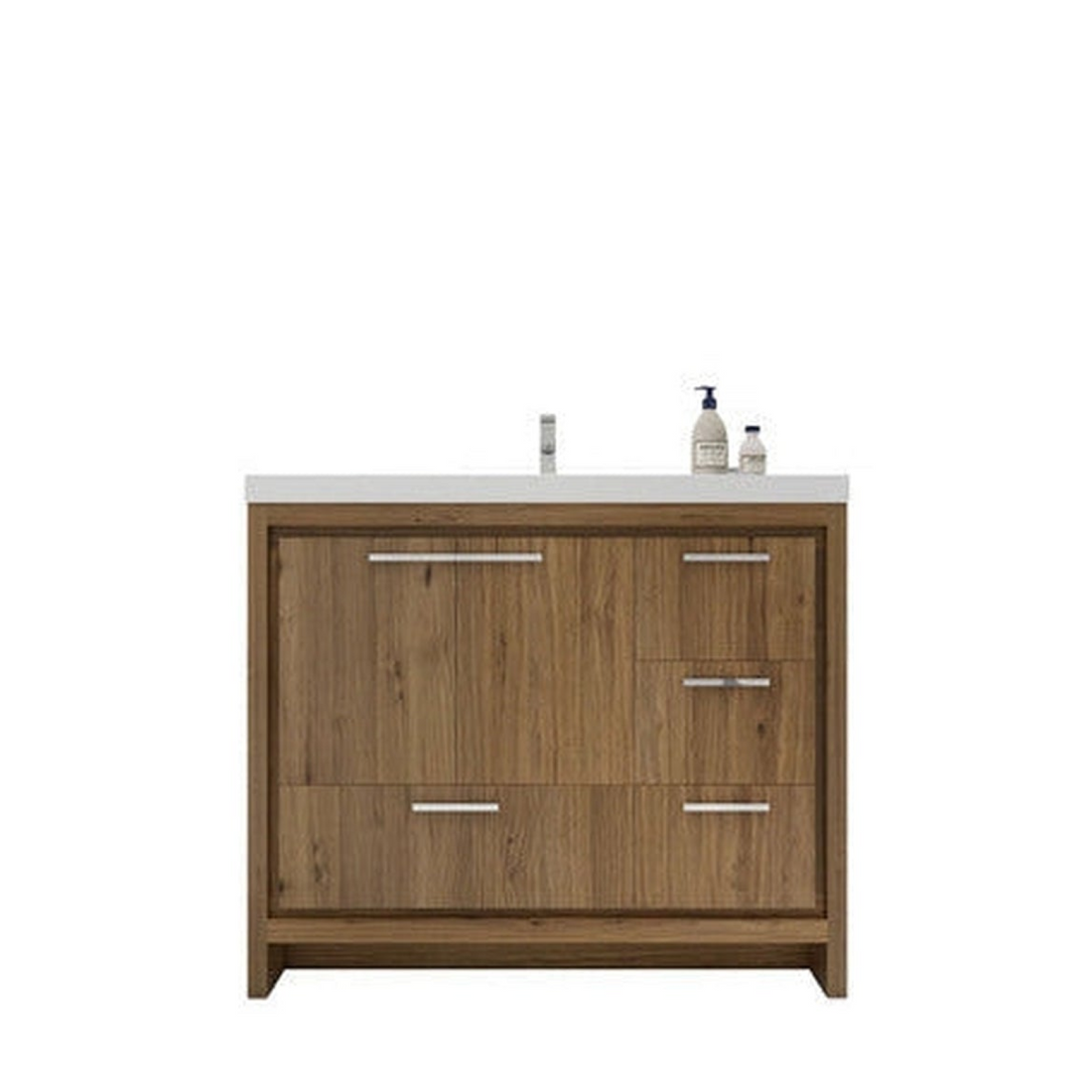 Amara 42&quot; Natural Oak Freestanding Vanity With Right Side Drawers and Single Reinforced White Acrylic Sink