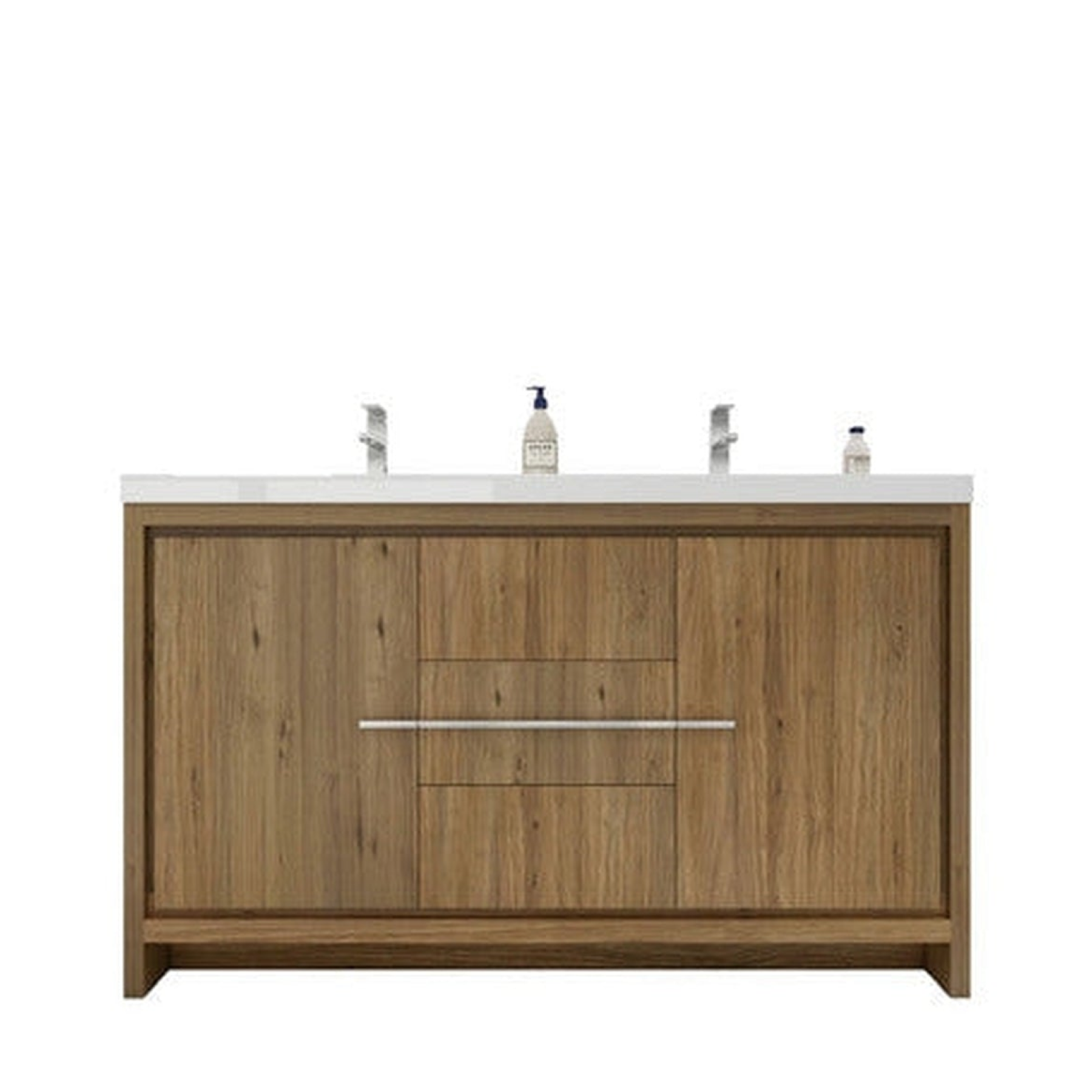 Amara 60&quot; Natural Oak Freestanding Vanity With Double Reinforced White Acrylic Sinks