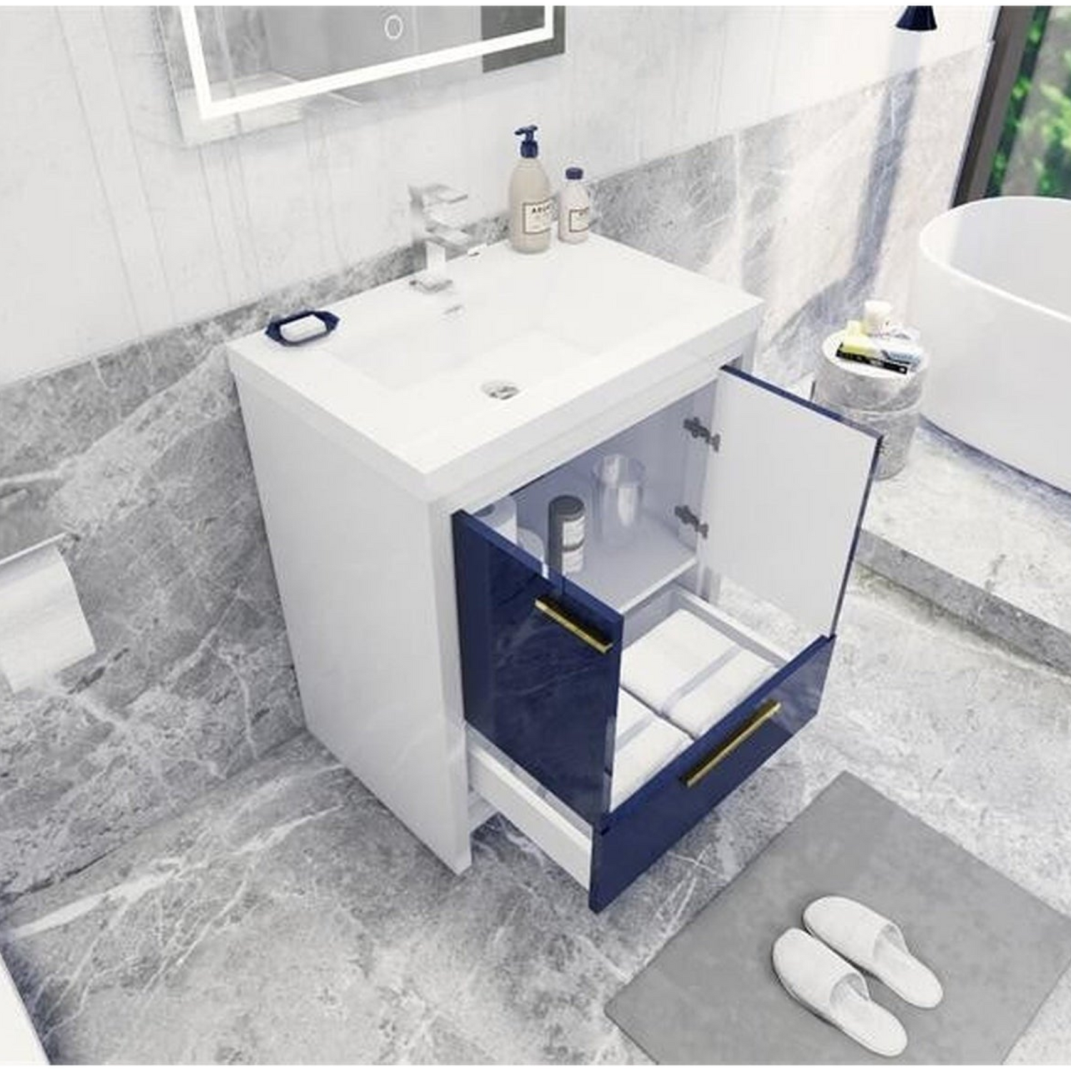Amara 30&quot; High Gloss Night Blue Freestanding Vanity With Single Reinforced White Acrylic Sink