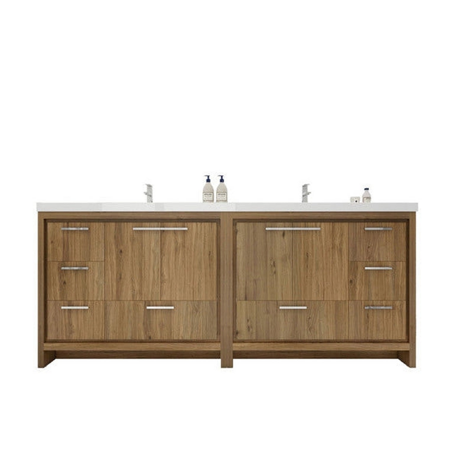 Amara 84&quot; Natural Oak Freestanding Vanity With Double Reinforced White Acrylic Sinks