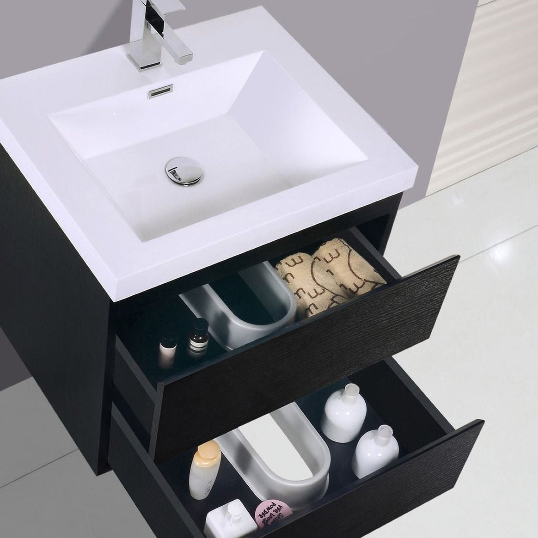 Boho Elegance 24&quot; Rich Black Wall-Mounted Vanity With Single Reinforced White Acrylic Sink