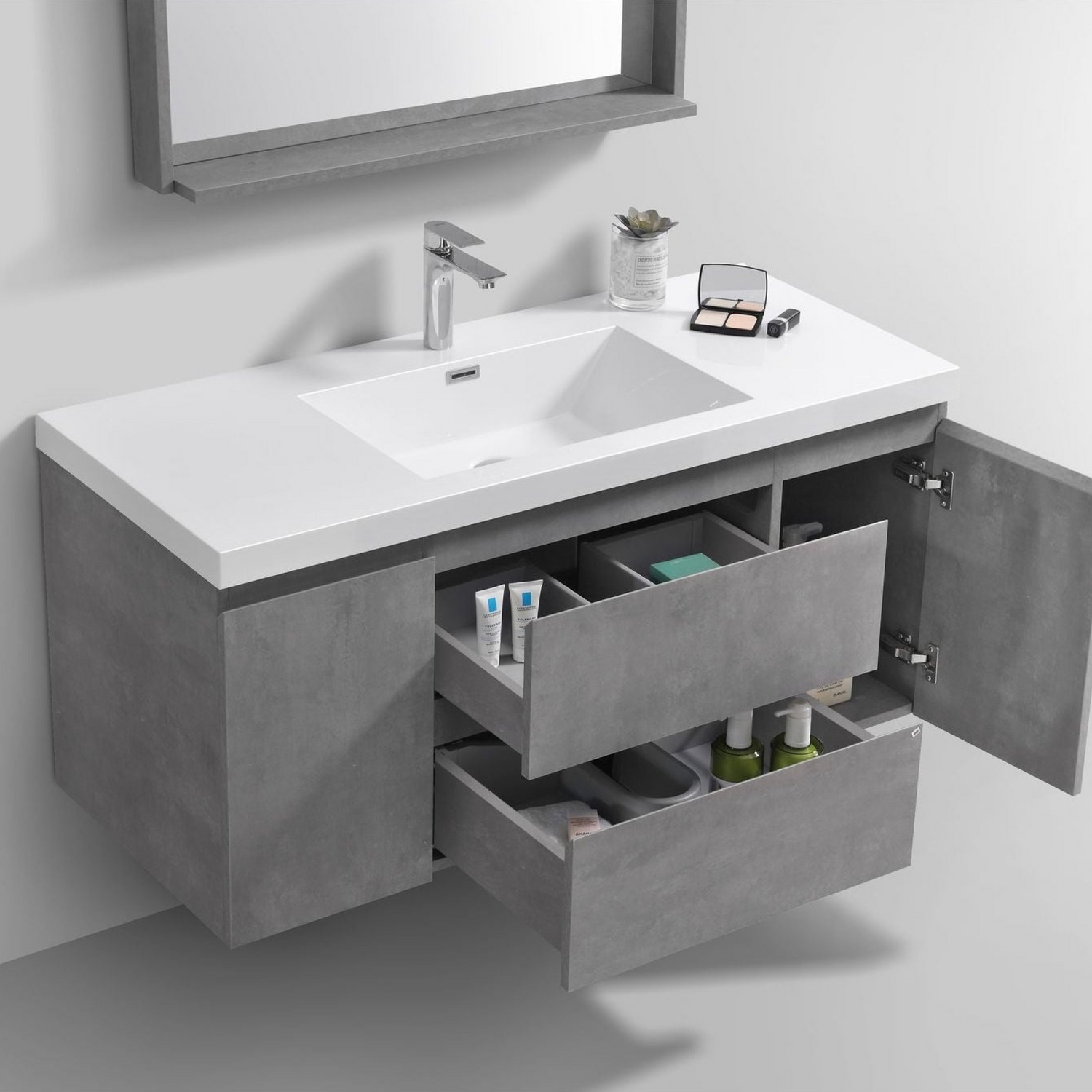 Boho Elegance 48&quot; Cement Gray Wall-Mounted Vanity With Single Reinforced White Acrylic Sink