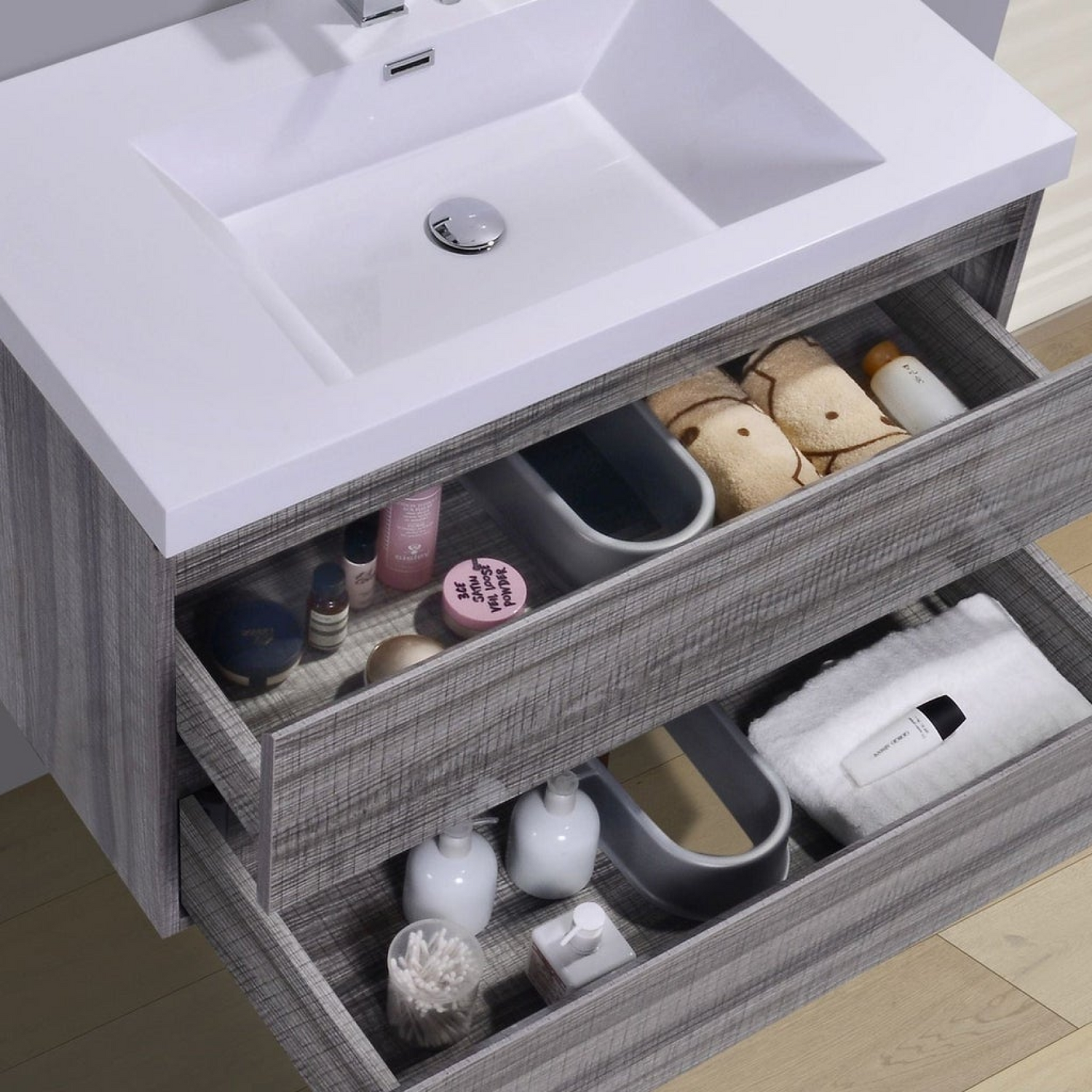 Boho Elegance 36&quot; High Gloss Ash Gray Wall-Mounted Vanity With Single Reinforced White Acrylic Sink