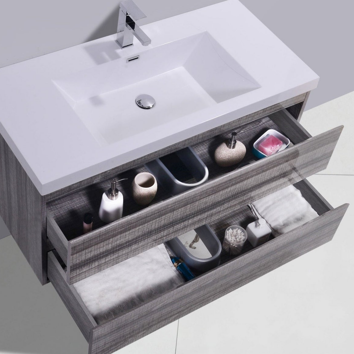 Boho Elegance 42&quot; High Gloss Ash Gray Wall-Mounted Vanity With Single Reinforced White Acrylic Sink