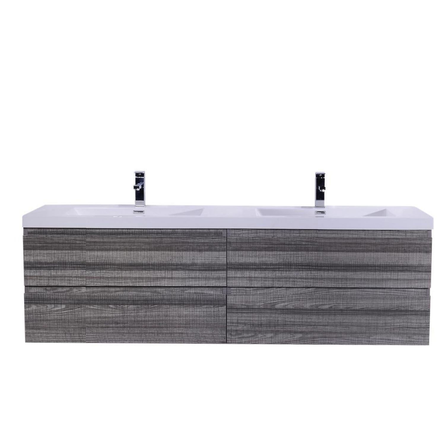 Boho Elegance 72&quot; High Gloss Ash Gray Wall-Mounted Vanity With Double Reinforced White Acrylic Sinks