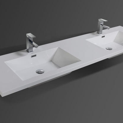 Boho Elegance 72&quot; High Gloss Ash Gray Wall-Mounted Vanity With Double Reinforced White Acrylic Sinks