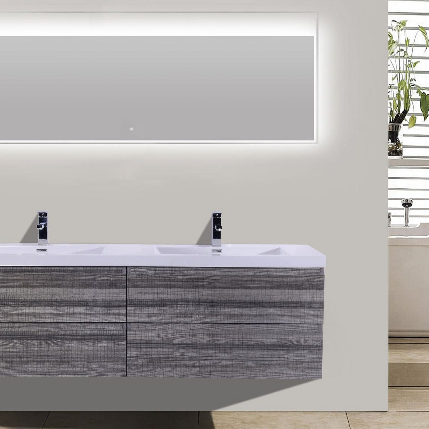 Boho Elegance 72&quot; High Gloss Ash Gray Wall-Mounted Vanity With Double Reinforced White Acrylic Sinks