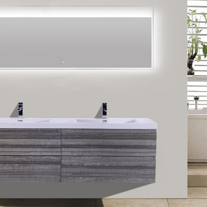 Boho Elegance 72&quot; High Gloss Ash Gray Wall-Mounted Vanity With Double Reinforced White Acrylic Sinks