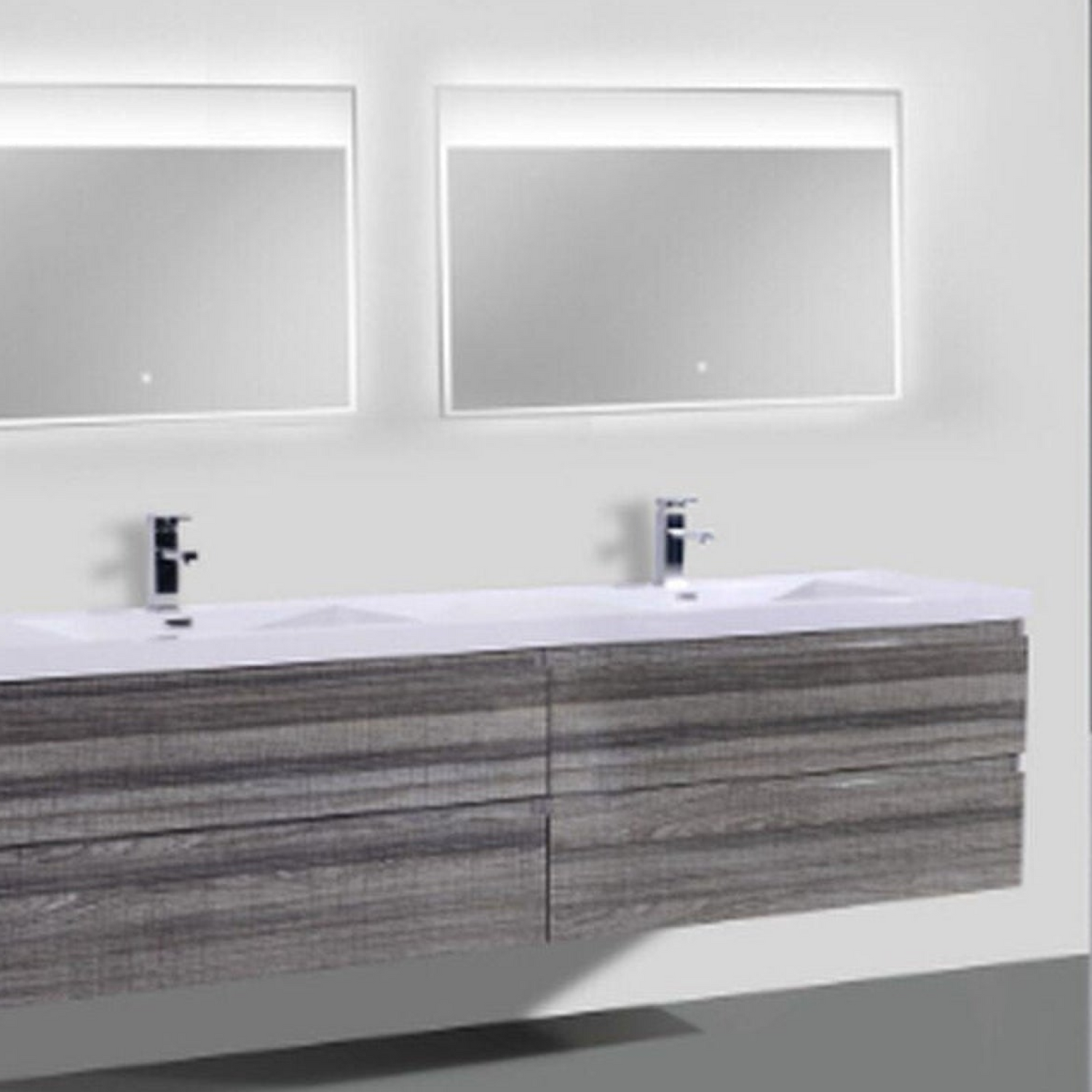 Boho Elegance 72&quot; High Gloss Ash Gray Wall-Mounted Vanity With Double Reinforced White Acrylic Sinks