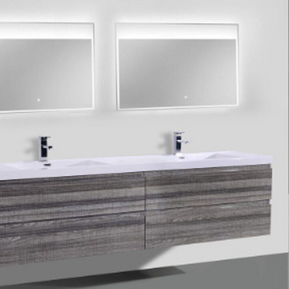 Boho Elegance 72&quot; High Gloss Ash Gray Wall-Mounted Vanity With Double Reinforced White Acrylic Sinks
