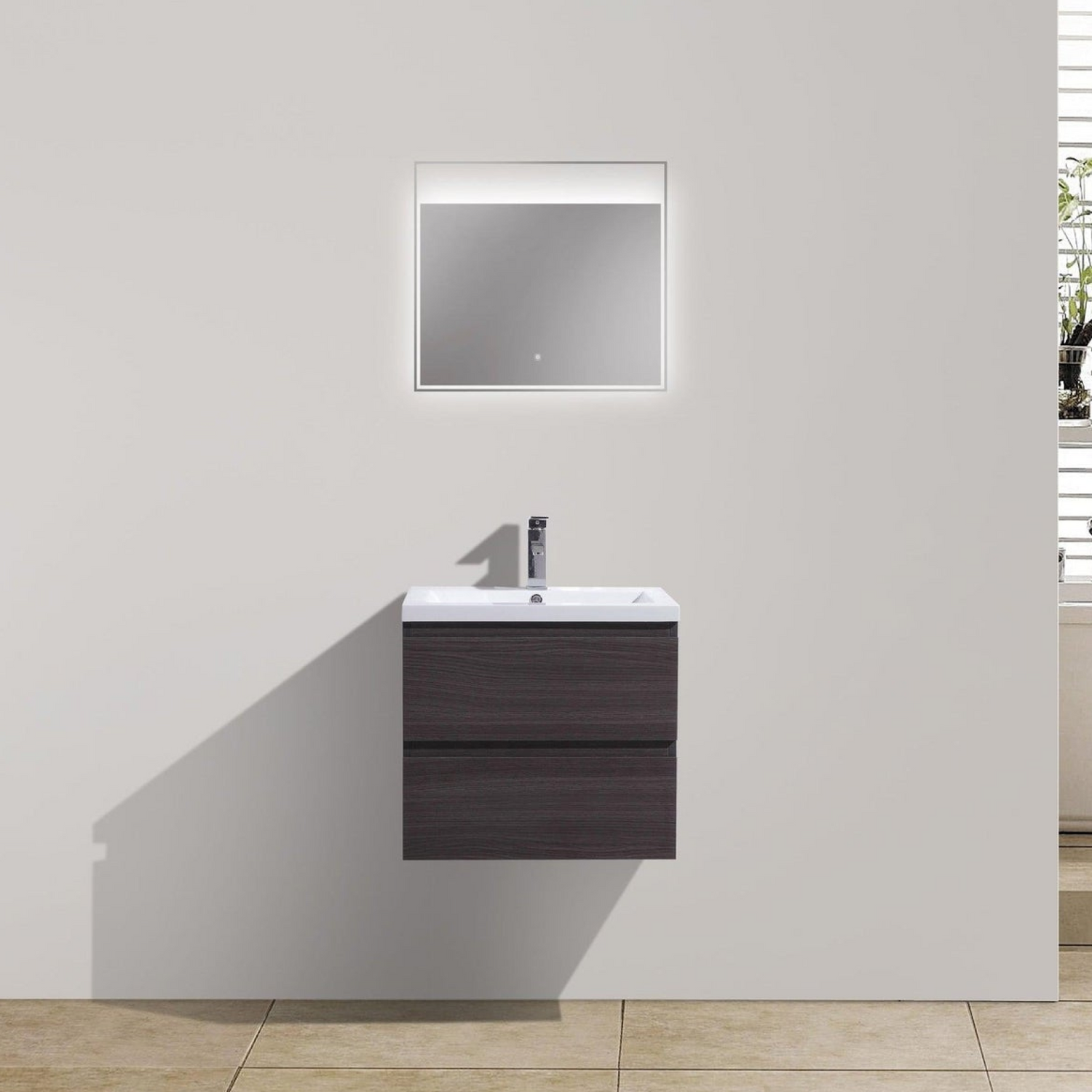 Boho Elegance 24&quot; Dark Gray Oak Wall-Mounted Vanity With Single Reinforced White Acrylic Sink