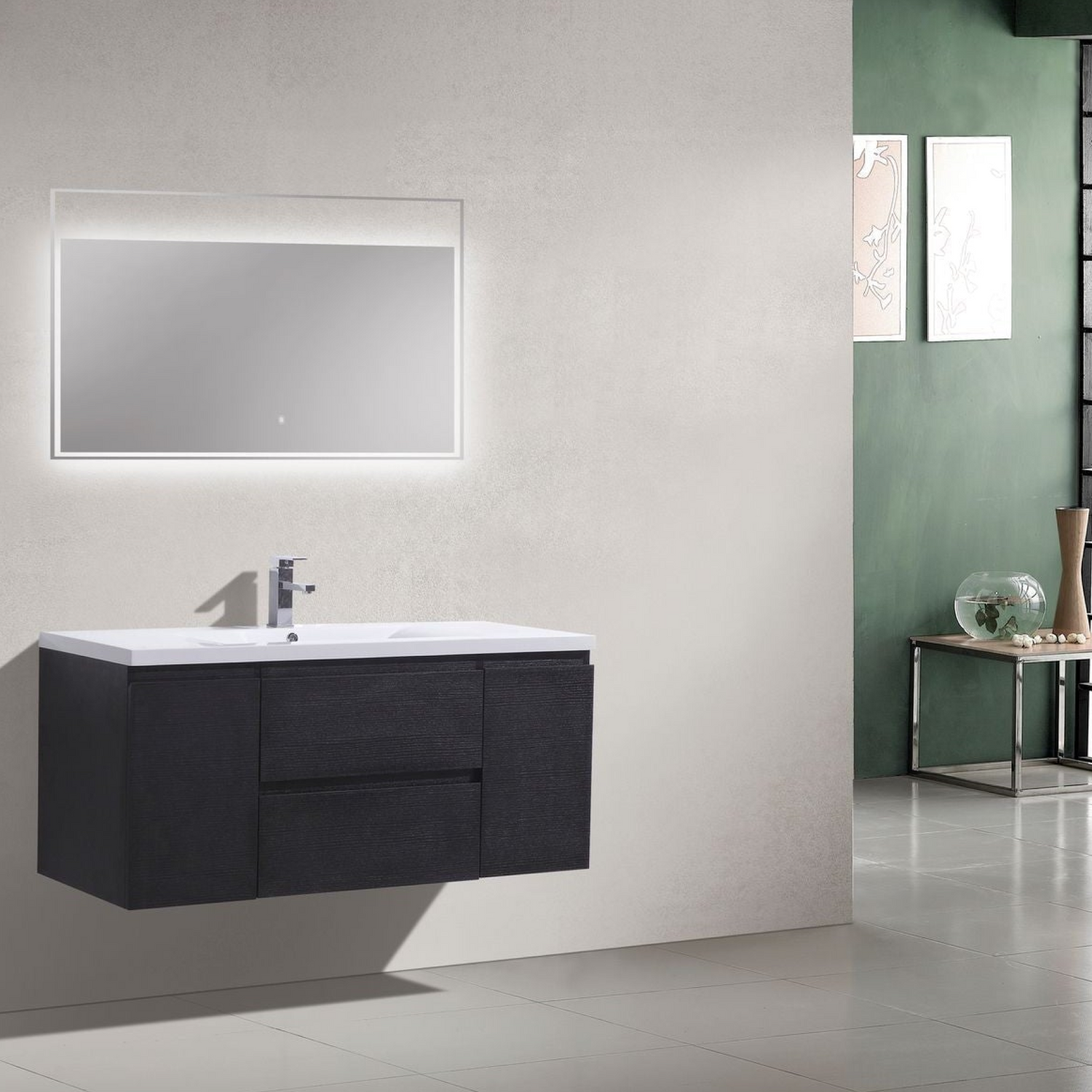 Boho Elegance 48&quot; Rich Black Wall-Mounted Vanity With Single Reinforced White Acrylic Sink