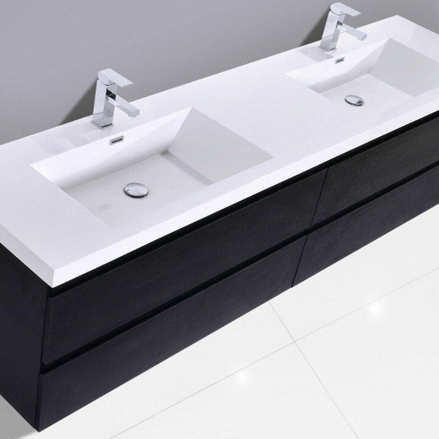 Boho Elegance 72&quot; Rich Black Wall-Mounted Vanity With Double Reinforced White Acrylic Sinks